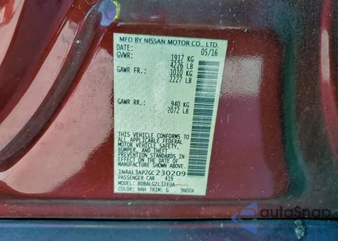 2016 Nissan Altima 2.5 z USA, uszkodzony, nr VIN 1N4AL3AP2GC230209